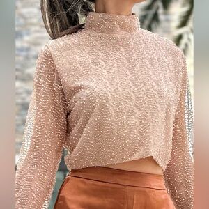 ✨ Elegant Beaded Sheer Mock-Neck Top — Nude / Champagne ✨